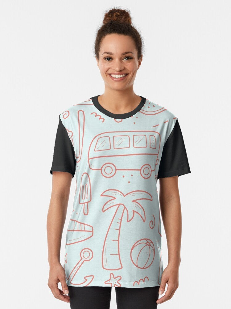 Explorer Summer Graphic T-Shirt featuring palm trees, sun, compass, and travel icons - Women