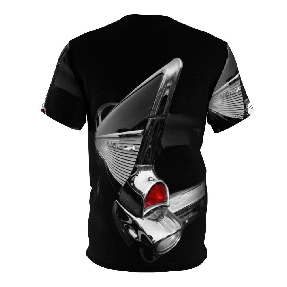 Black t-shirt featuring a high contrast, low key design inspired by the 1957 Chevrolet Bel Air, a classic American car. - Back