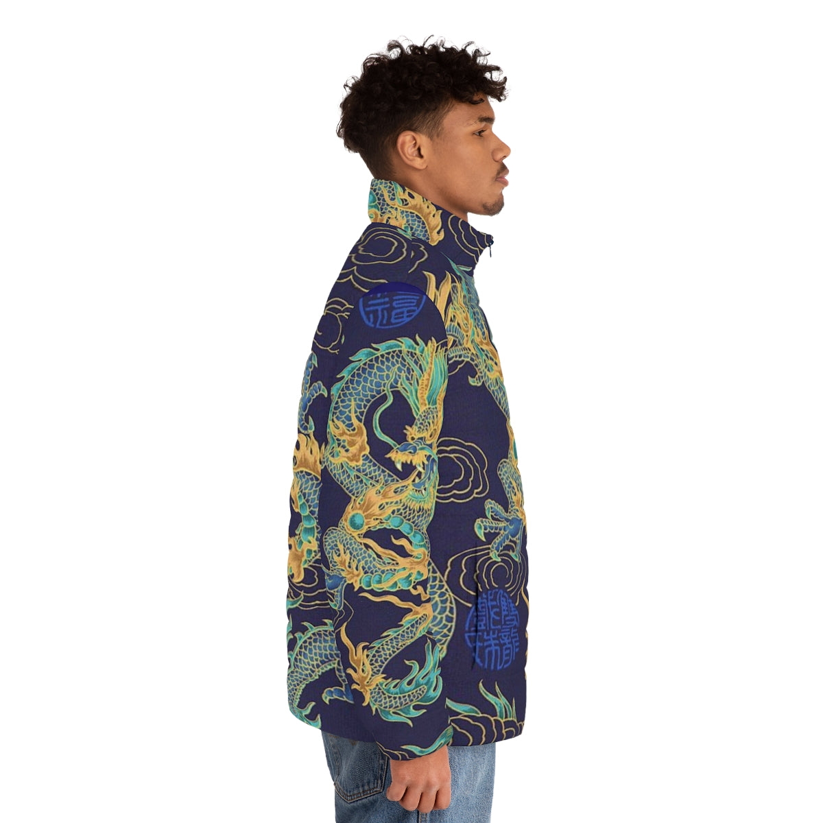 Gilded Dragon Puffer Jacket with Mythical Creature Designs - men side right