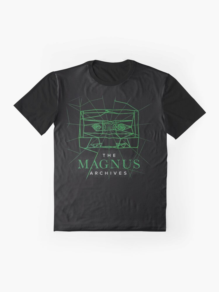 The Magnus Archives logo graphic t-shirt featuring a spiderweblike design with 80s synth elements and a tape cassette, perfect for fans of the horror podcast. - Flat lay