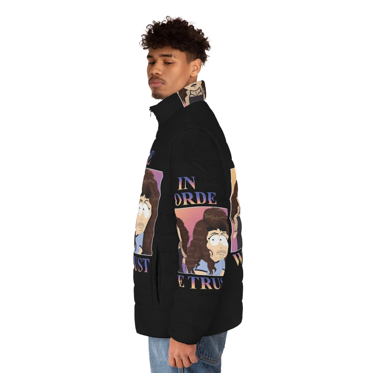 Lorde-inspired puffer jacket with "In Lorde We Trust" graphic - men side left