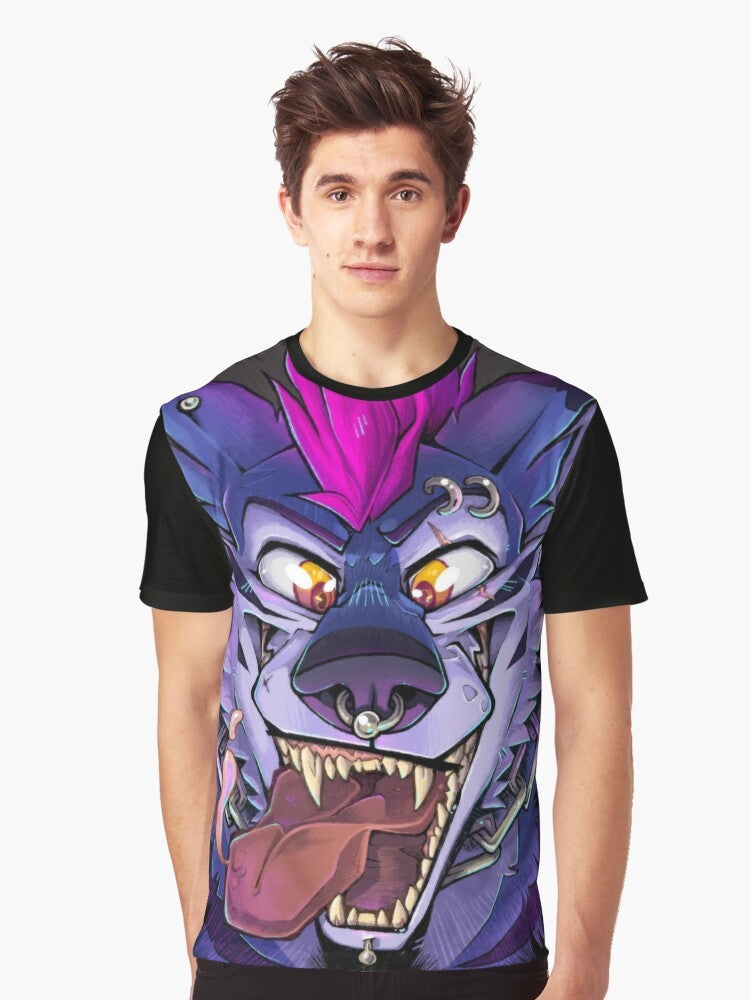 A graphic t-shirt featuring a punk-inspired furry wolf with prominent teeth and a maw. - Men