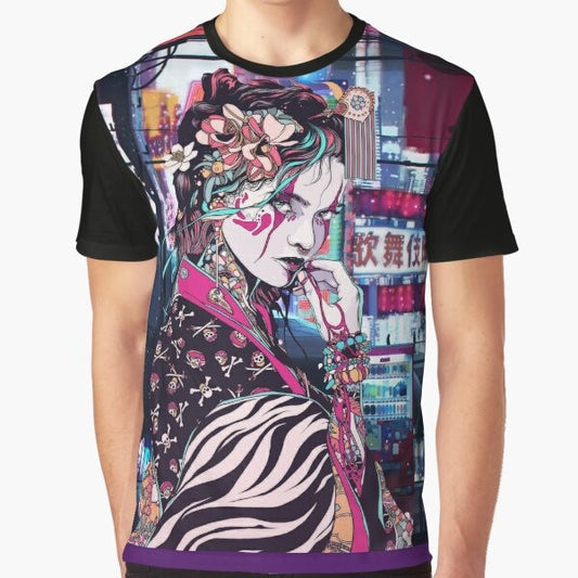 Colorful graphic t-shirt featuring a beautiful geisha woman in the streets of Tokyo, Japan.