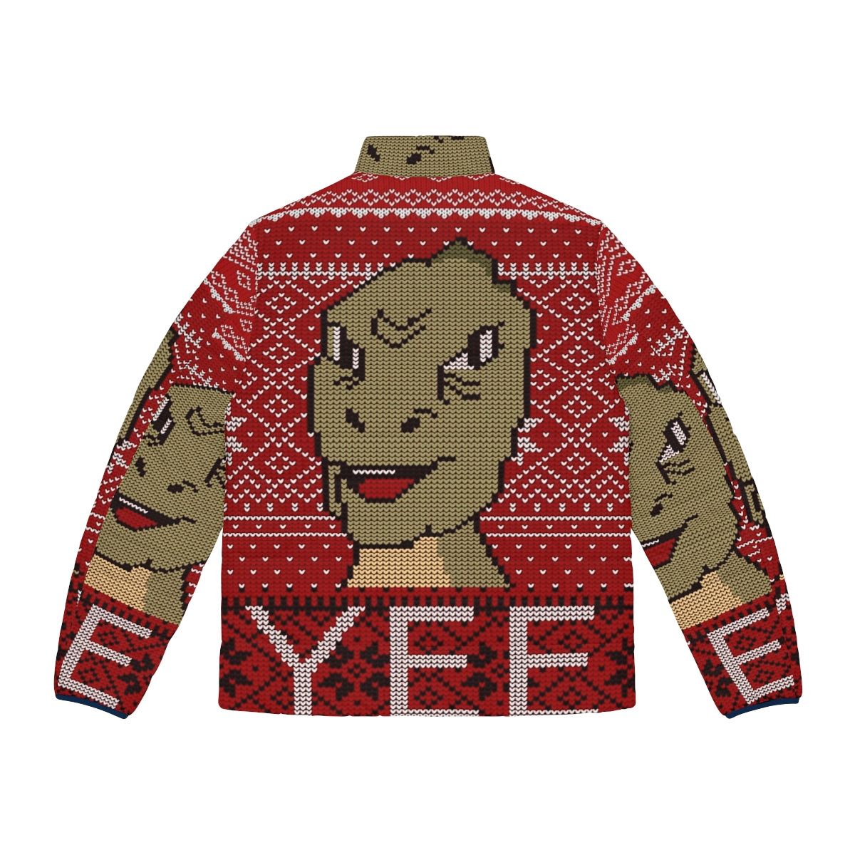 Yee Ugly Christmas Puffer Jacket featuring a dinosaur meme design - Back