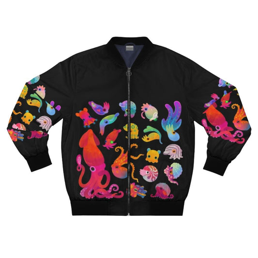 A bomber jacket with a vibrant cephalopod design, featuring various species of squid and octopus.