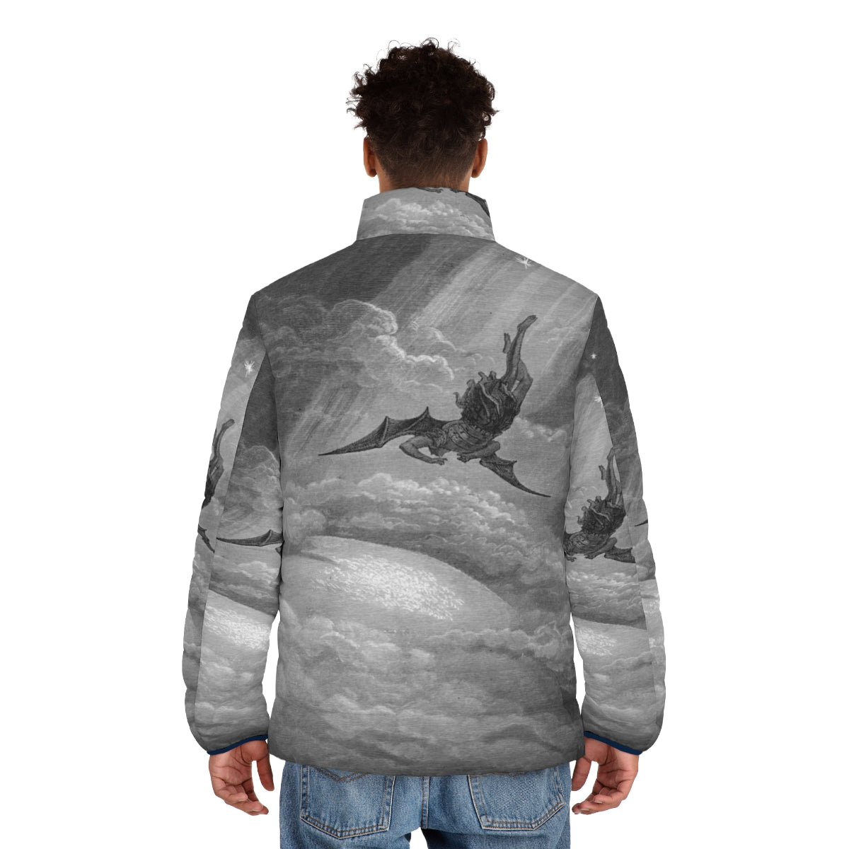 Puffer jacket featuring Gustave Dore's 'Satan Falls to Earth' woodcut artwork - men back