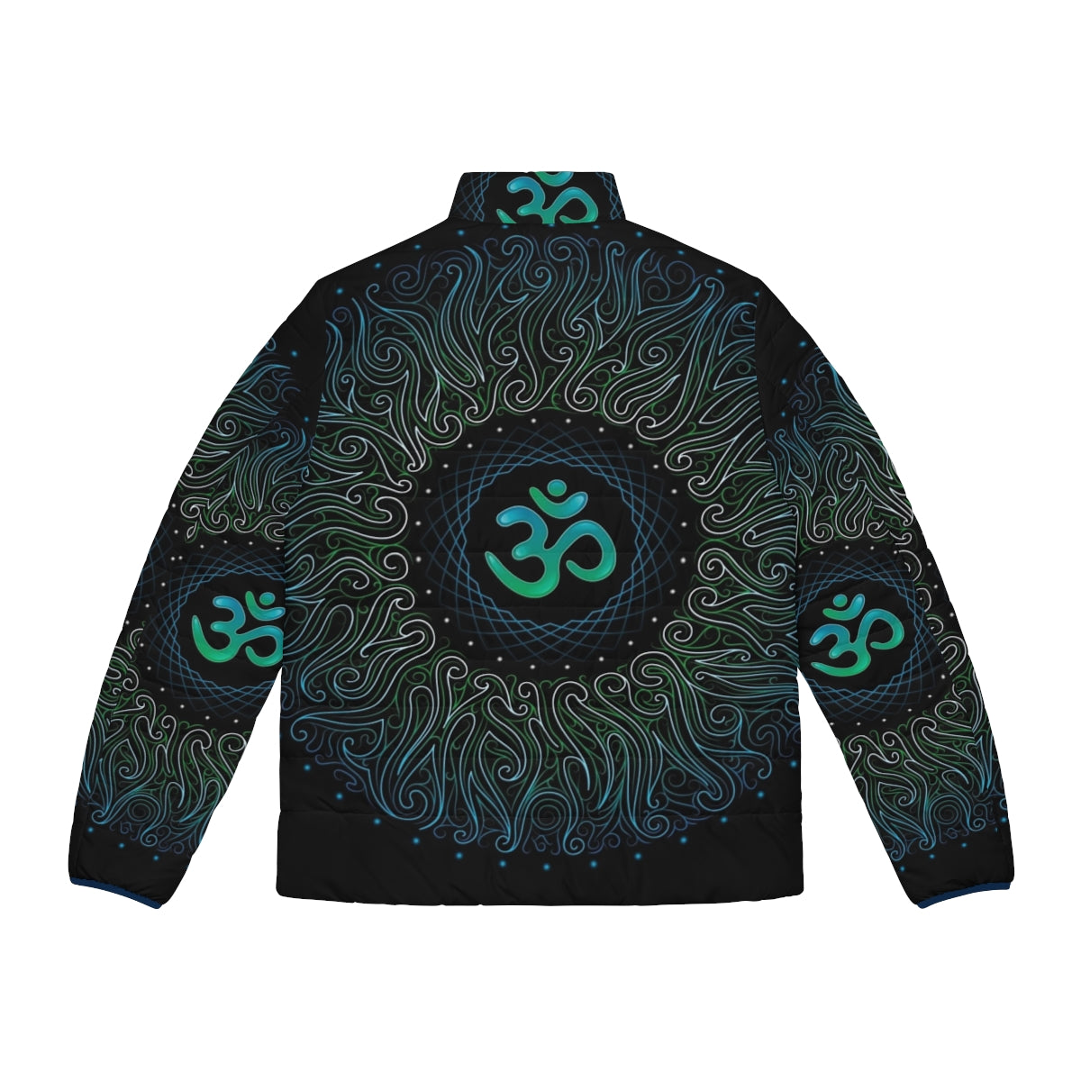 Pranava Yoga Shanti Om Mandala Puffer Jacket featuring spiritual, psychedelic, and visionary art design - Back