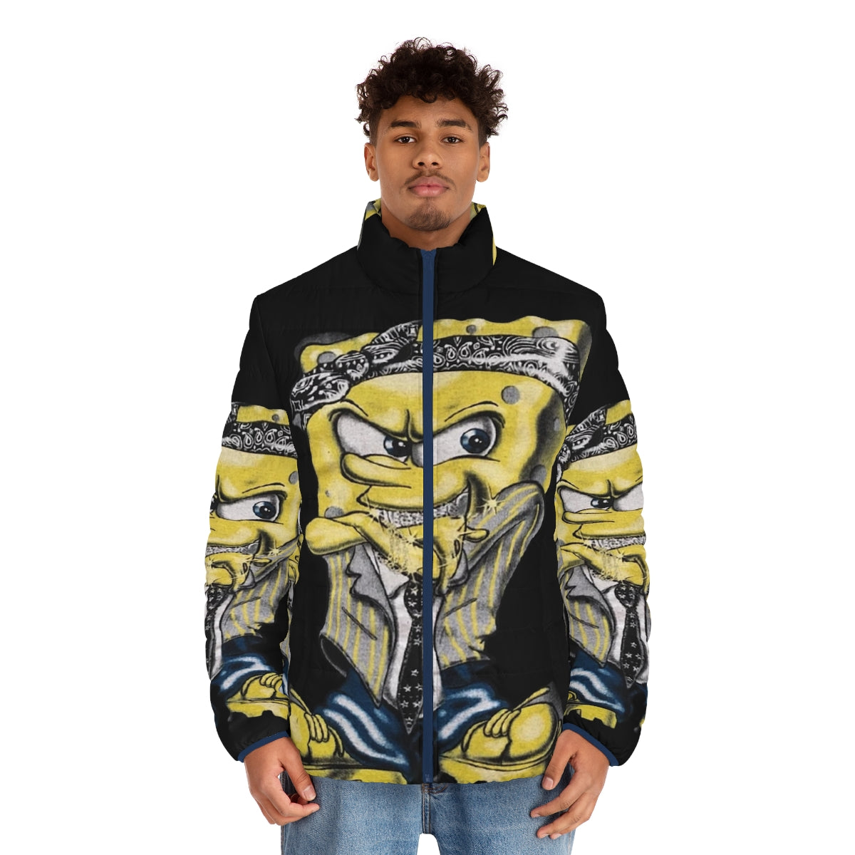 Gangster Spongebob design on an oversized puffer jacket - men front