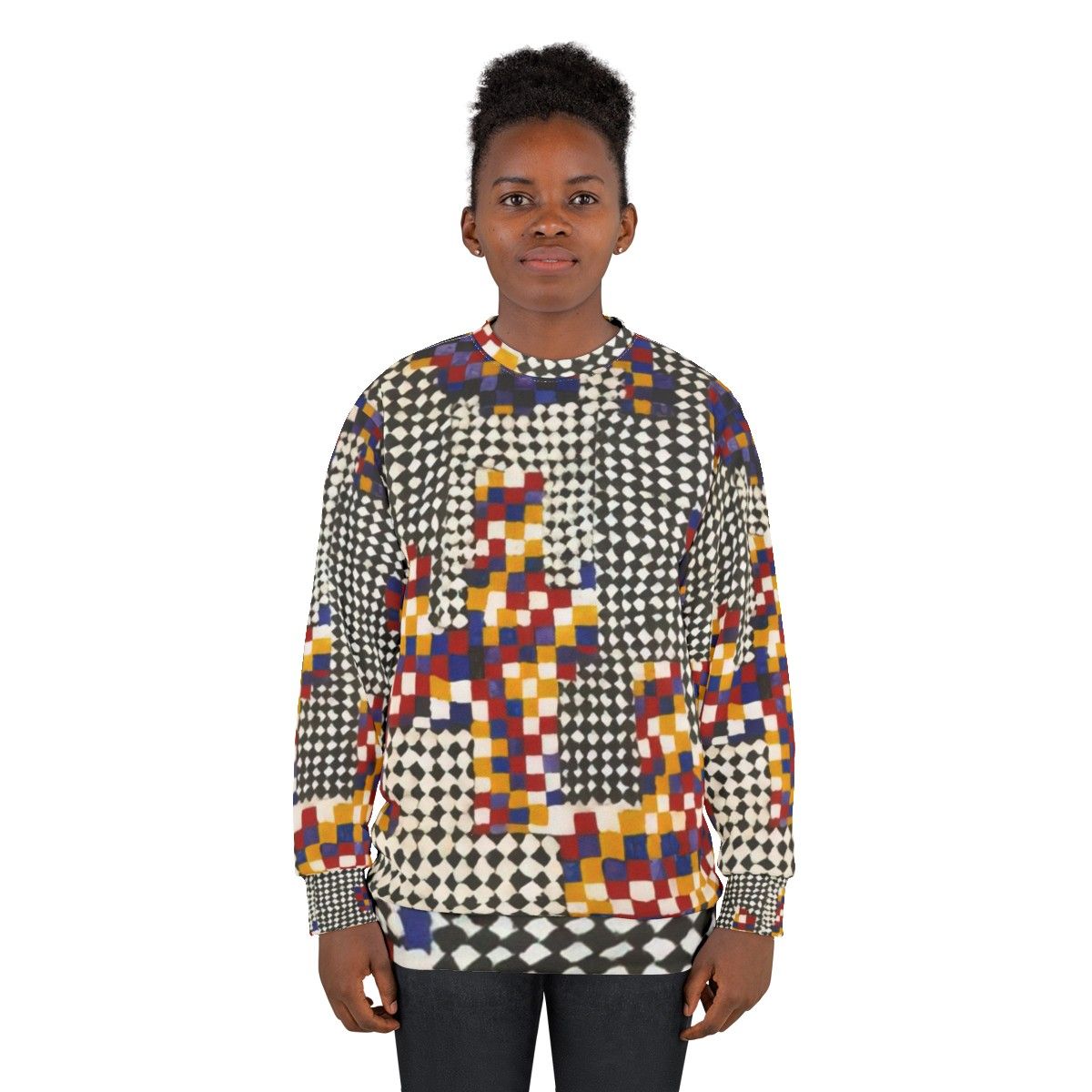 Colorful abstract sweatshirt featuring artwork by Alfred Jensen - women