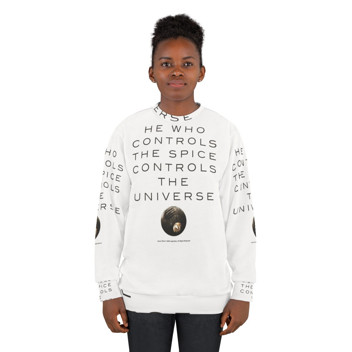 Dune-inspired sweatshirt featuring the quote "He Who Controls The Universe" - women