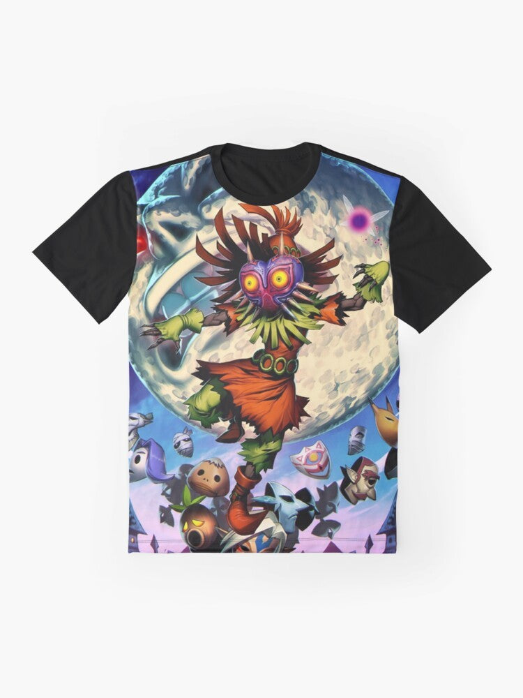 Majora's Mask graphic design on a t-shirt, featuring characters and symbols from the Legend of Zelda video game series. - Flat lay