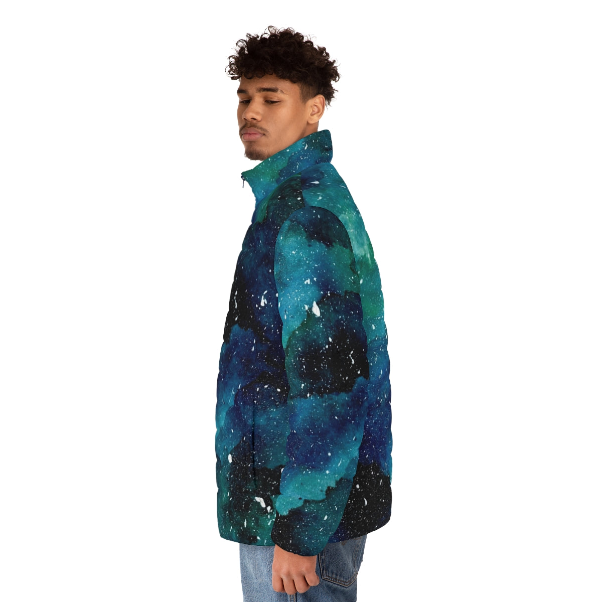 Emerald galaxy puffer jacket featuring a beautiful cosmic design with stars, planets, and a galactic motif - men side left