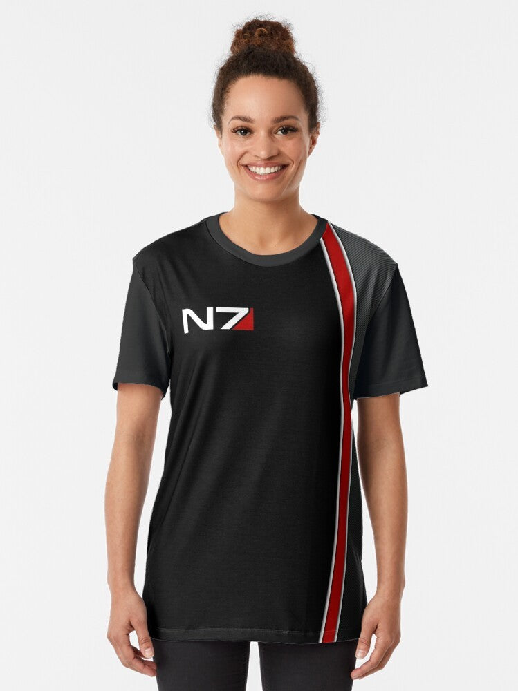 Mass Effect N7 Emblem Graphic T-Shirt featuring the iconic N7 logo and Commander Shepard from the Bioware game series - Women