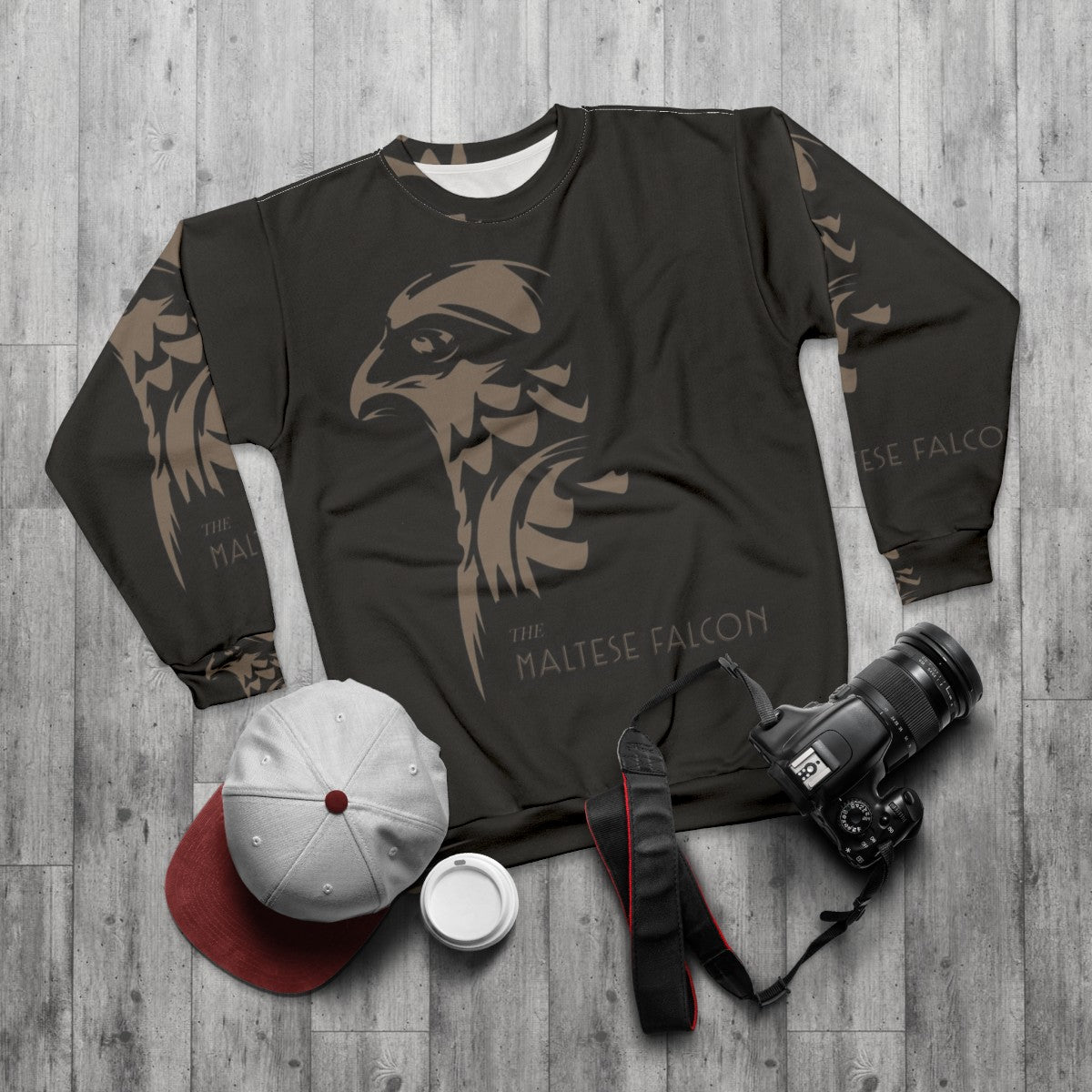 Maltese Falcon Sweatshirt with Humphrey Bogart Silhouette - flat lay