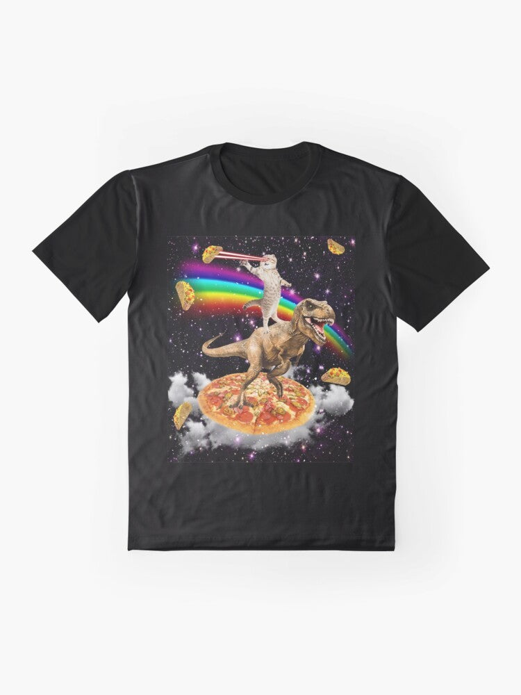 Galaxy Laser Cat on Dinosaur on Pizza Graphic T-Shirt - Flat lay