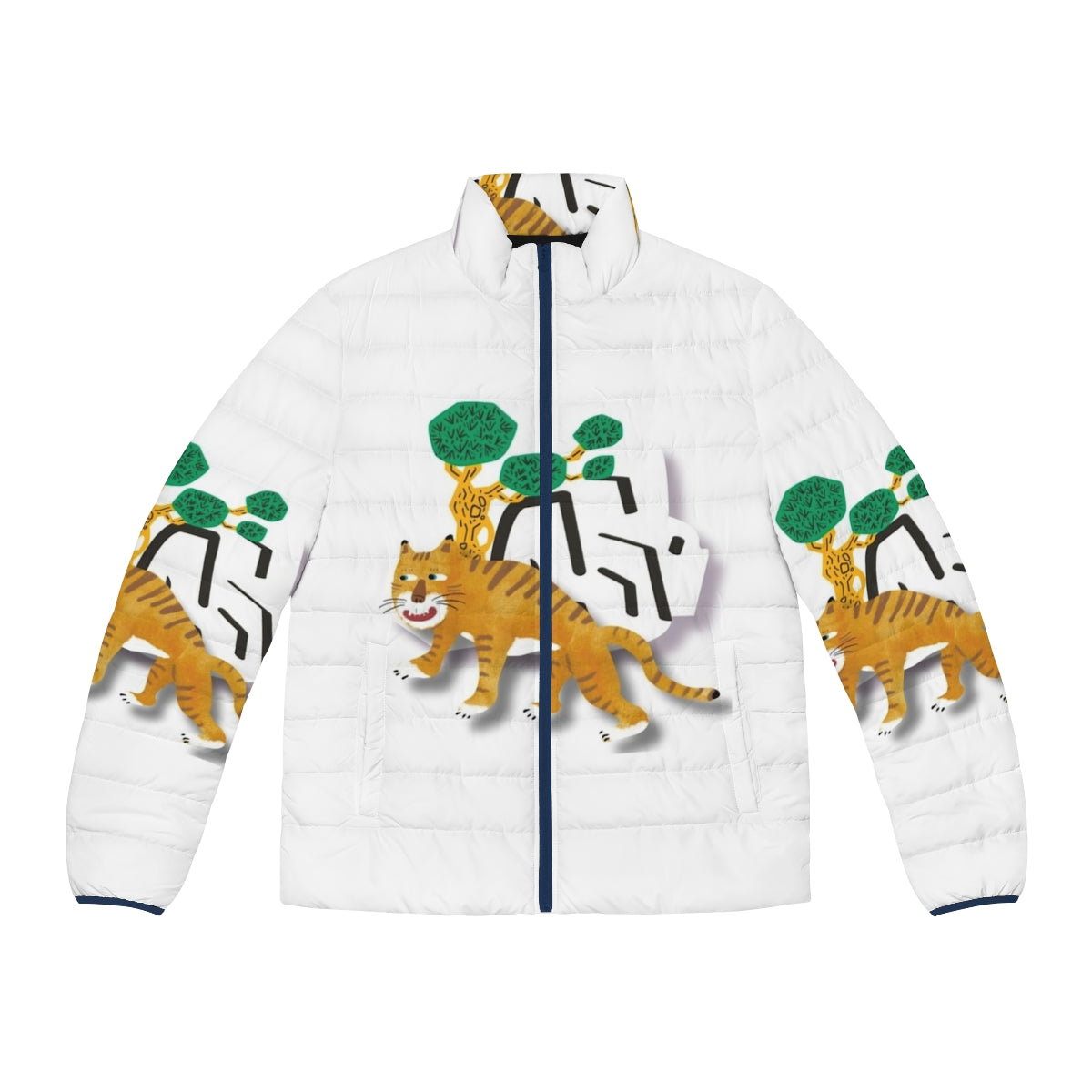 Vibrant puffer jacket featuring a tiger with a comical expression in a minimalist, vintage-inspired design