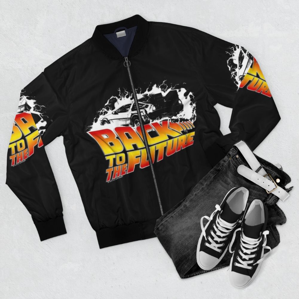 Back to the Future DeLorean Stencil Fan Art Bomber Jacket - Flat lay