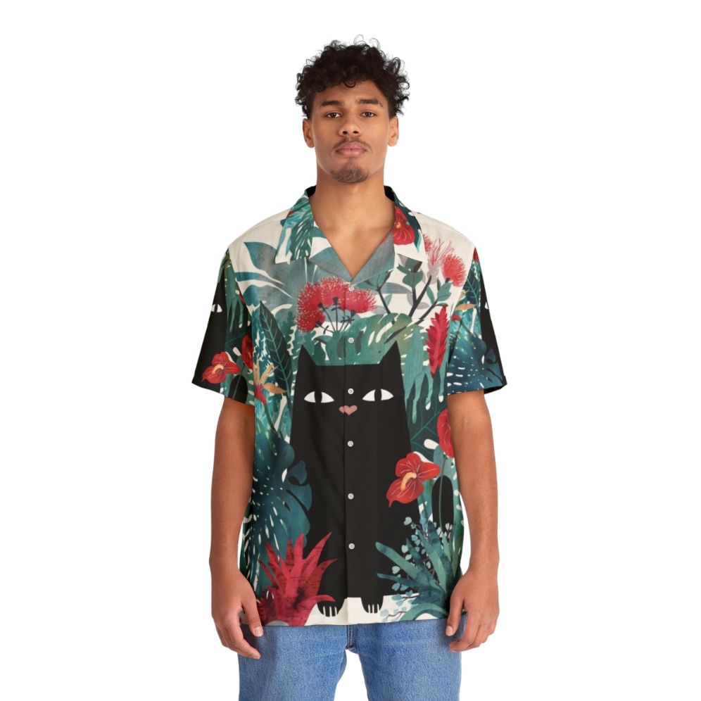 Popoki Tropical Cat Hawaiian Shirt with Floral and Cat Print Design - People Front