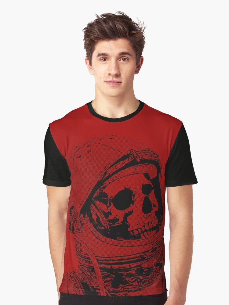 Death on Mars graphic t-shirt featuring an astronaut skull and cosmic elements - Men