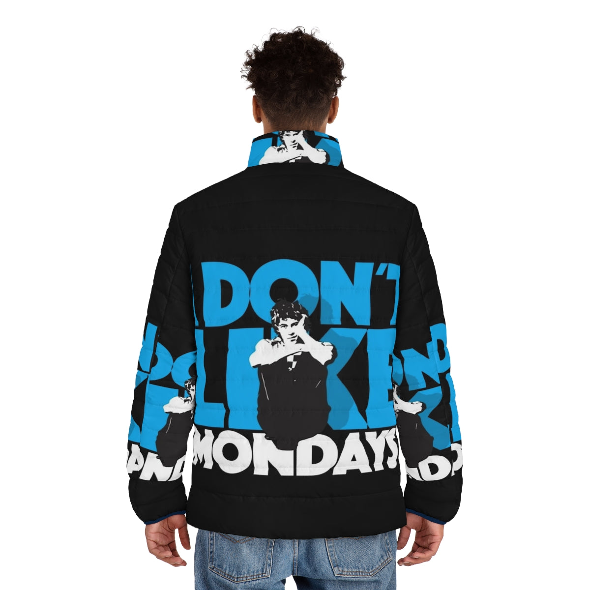 I Don't Like Mondays 80s puffer jacket featuring the iconic Boomtown Rats song - men back