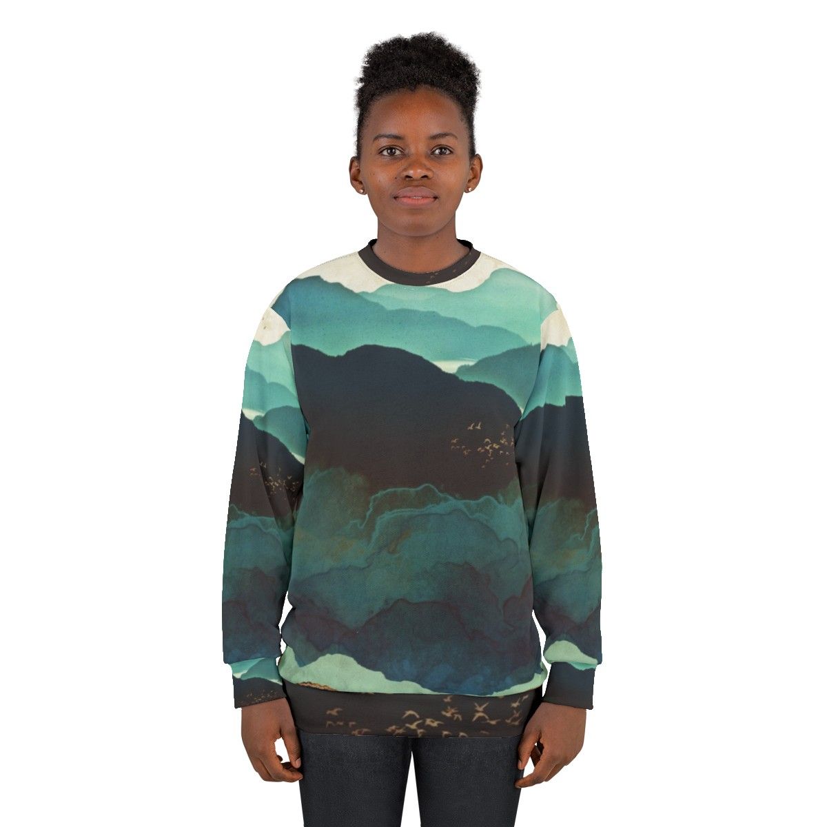 Indigo Mountains Sweatshirt with Serene Nature Landscape Graphic - women