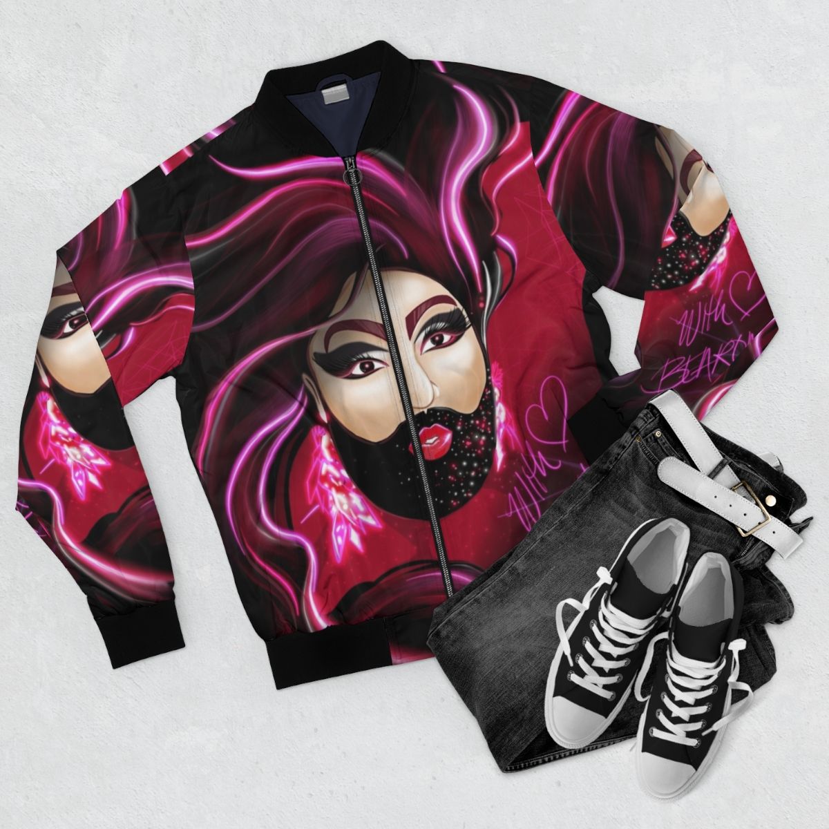 Bearonce bomber jacket featuring a stylized bear and drag queen design - Flat lay