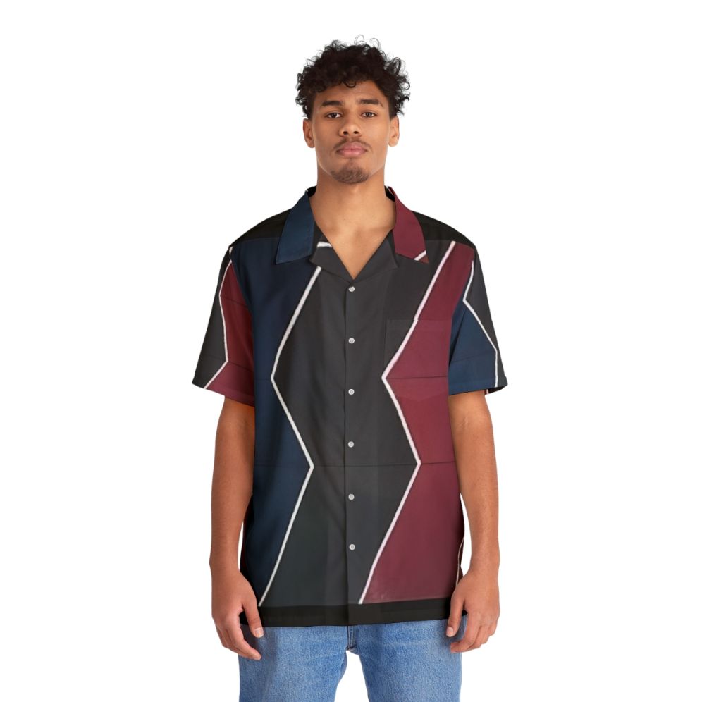 Vibrant Hawaiian shirt with geometric abstract art design by Thomas Downing - People Front