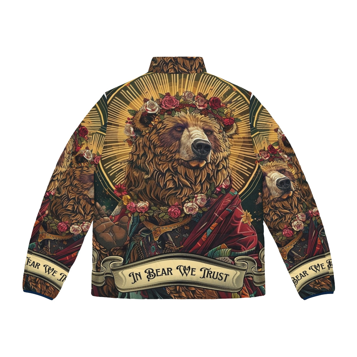 Woman wearing in bear we trust puffer jacket with feminist bear design - Back