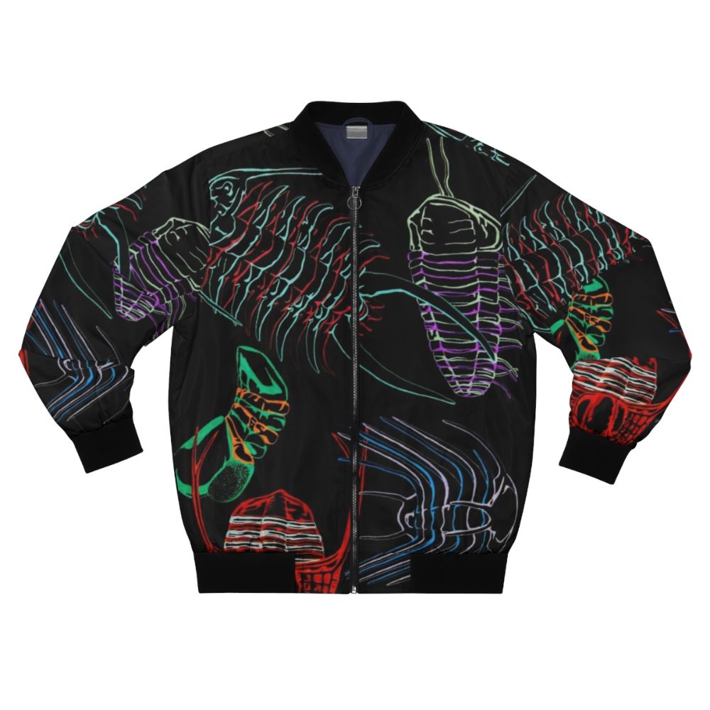 Colorful bomber jacket with hand-drawn trilobite fossil illustrations in a rainbow design