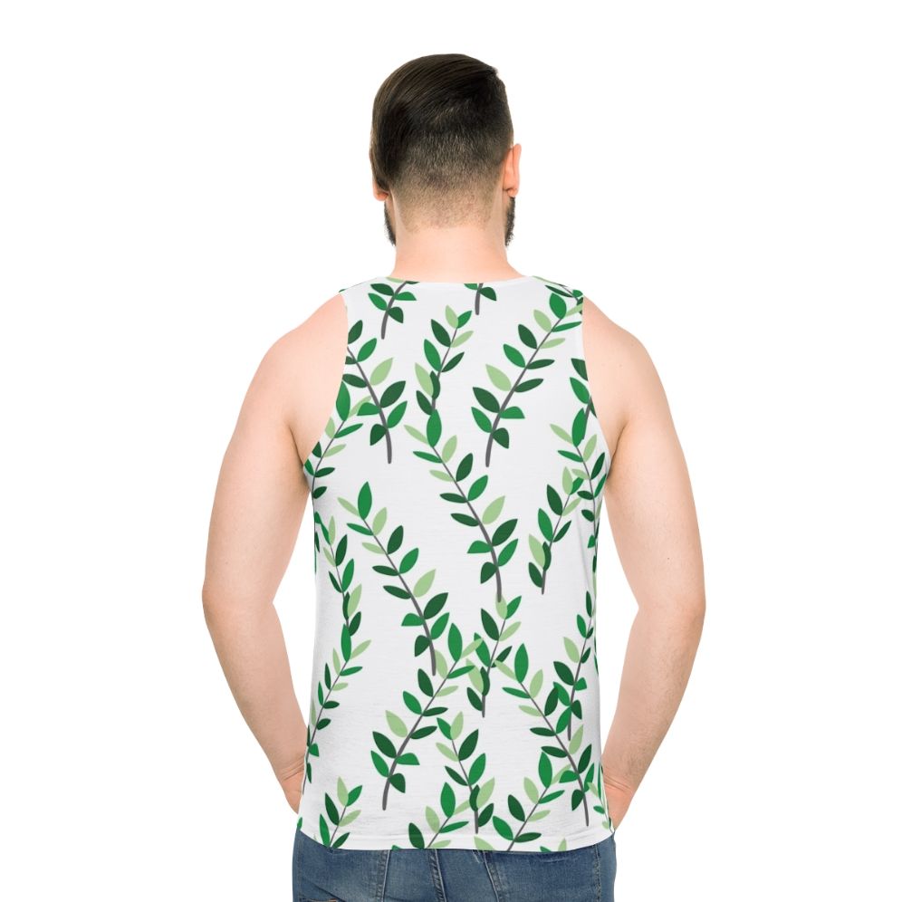 Unisex tank top with a botanical zz plant leaves design - men back