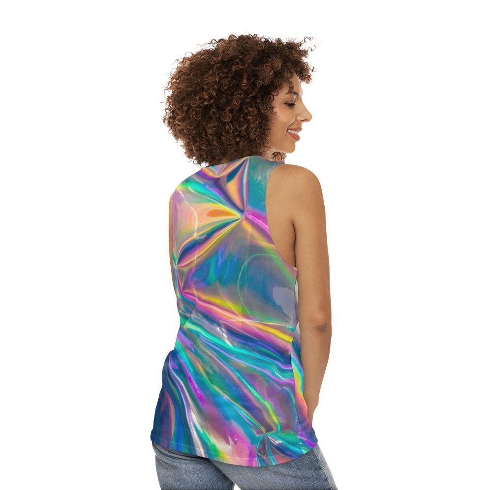 Holographic unisex tank top with vibrant, iridescent colors - women back