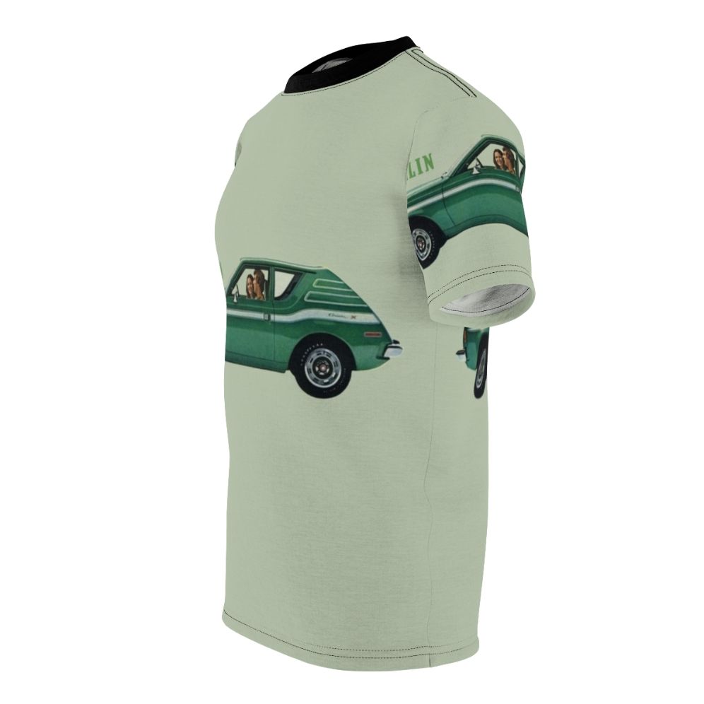 A vintage-style t-shirt featuring a retro green gremlin car design in a cool, striped pattern. - men left