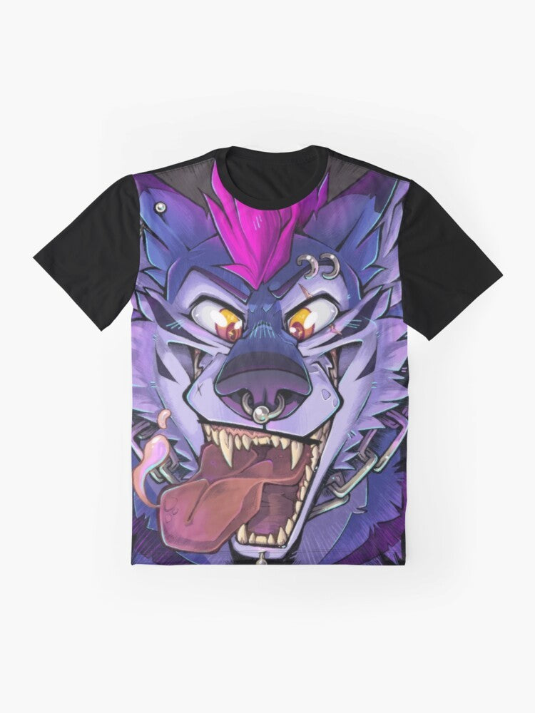 A graphic t-shirt featuring a punk-inspired furry wolf with prominent teeth and a maw. - Flat lay