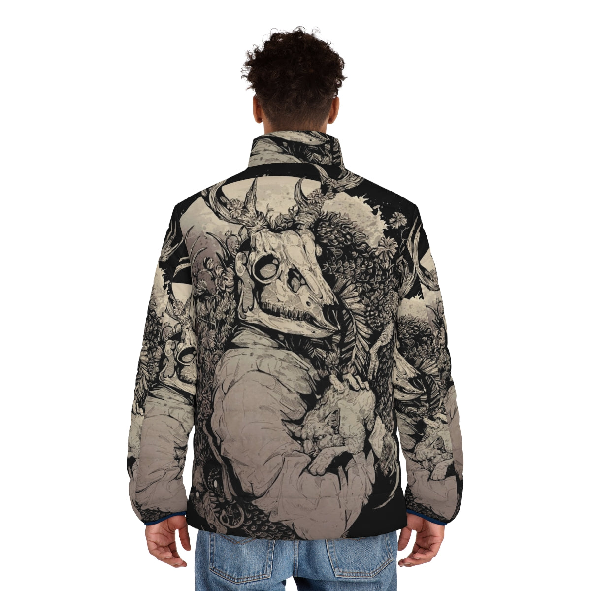 Sepia dragon cat puffer jacket with focus on dragon and cat design - men back