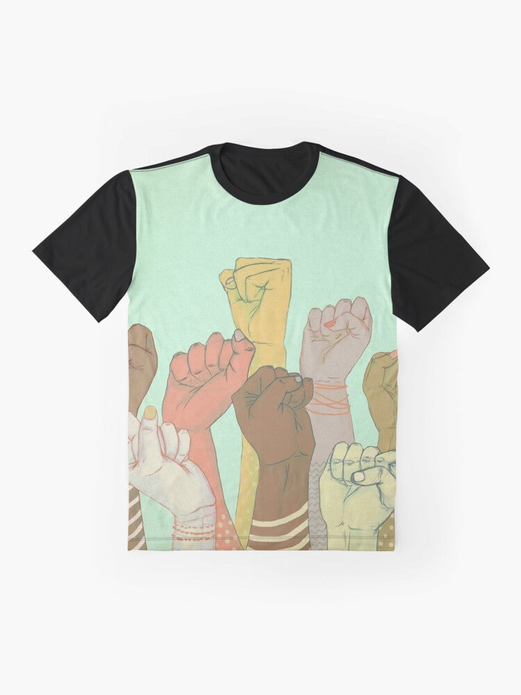 A colorful graphic t-shirt design featuring interlocked hands and arms, symbolizing unity, diversity, and togetherness. - Flat lay