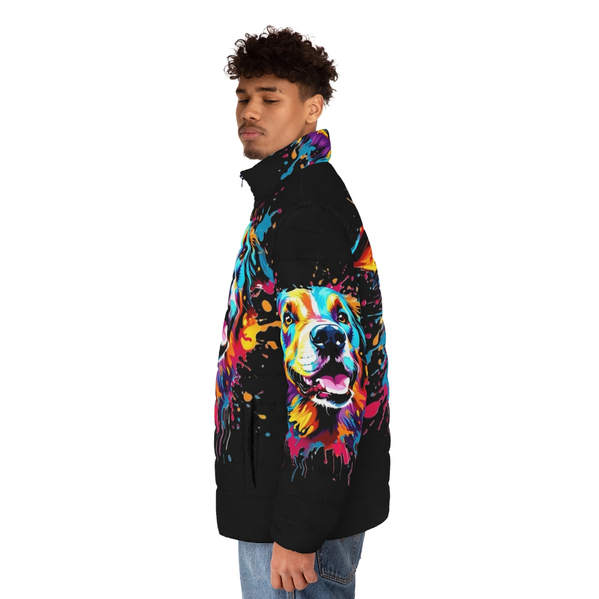 Colorful puffer jacket with a dog splash print design - men side left