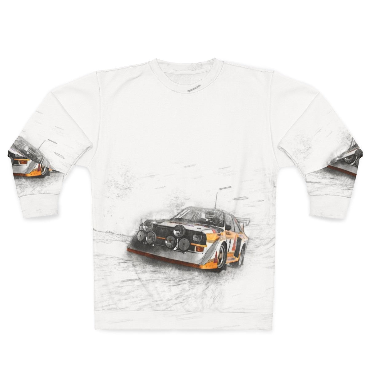 Rally car illustration sweatshirt for motorsport enthusiasts