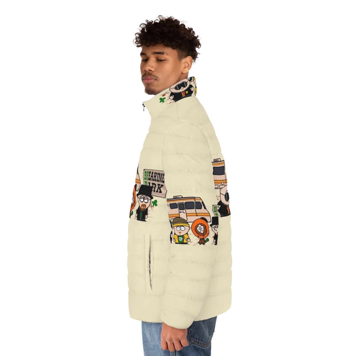 Breaking Park Puffer Jacket, a parody puffer jacket featuring characters from South Park and Breaking Bad - men side left