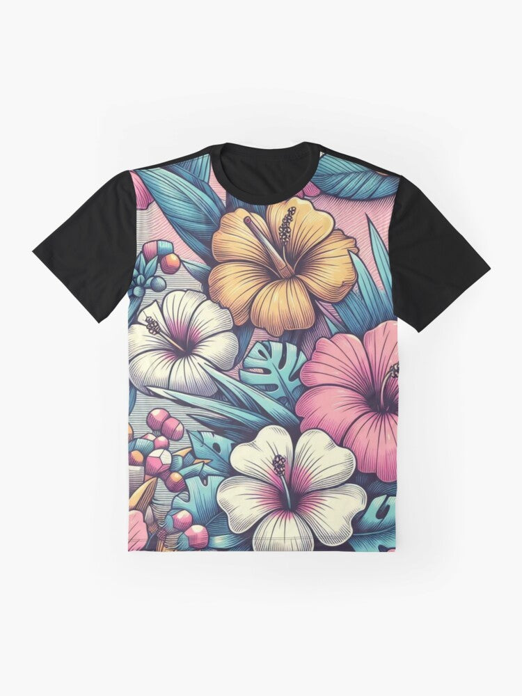 Retro tropical flowers Hawaiian pattern graphic t-shirt - Flat lay