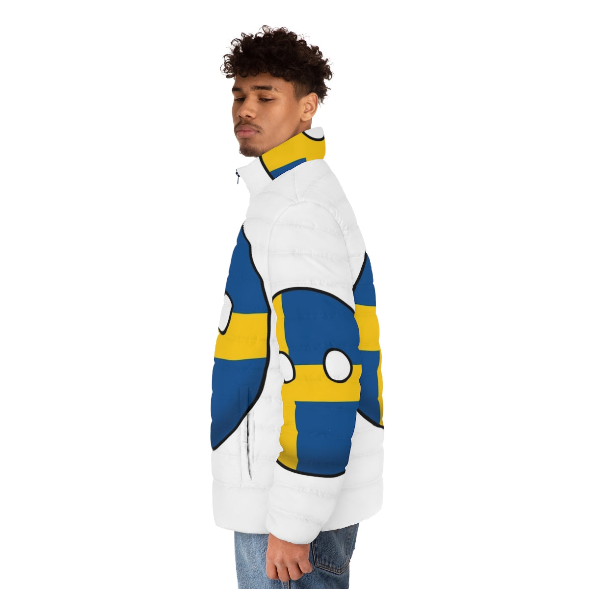 Swedish Countryball Puffer Jacket with National Flag Design - men side left