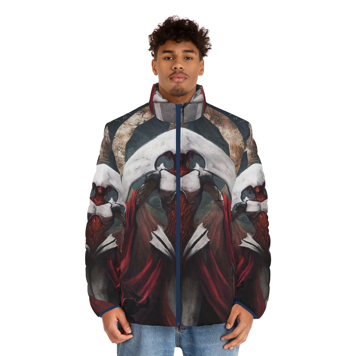 Elesh Norn inspired fantasy puffer jacket with red landscape design - men front