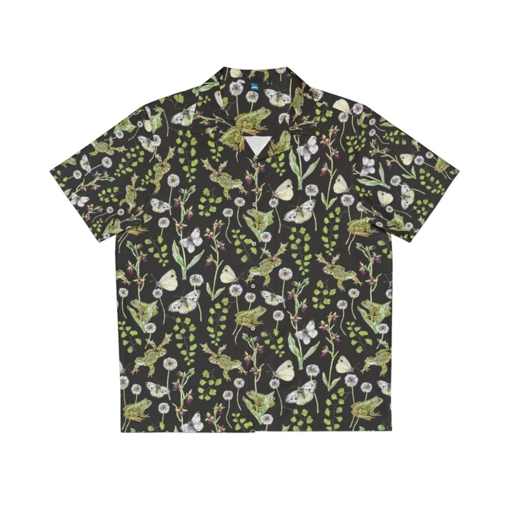 Springtime Frogs and Orchids Hawaiian Shirt featuring a watercolor design of frogs, orchids, and nature elements