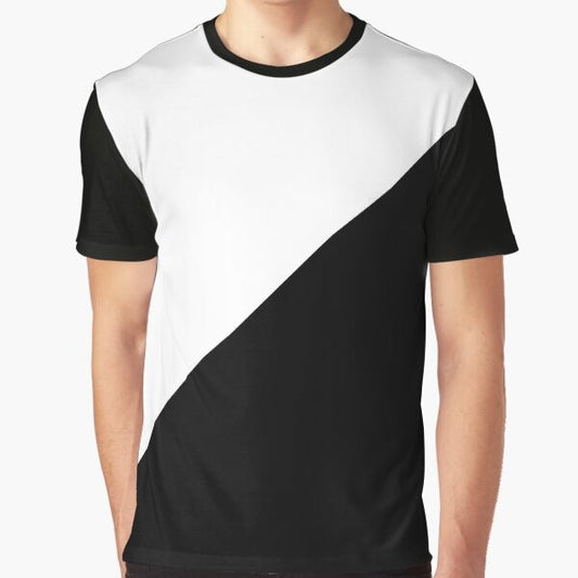 Diagonal half black and white graphic t-shirt with a modern, minimalist design