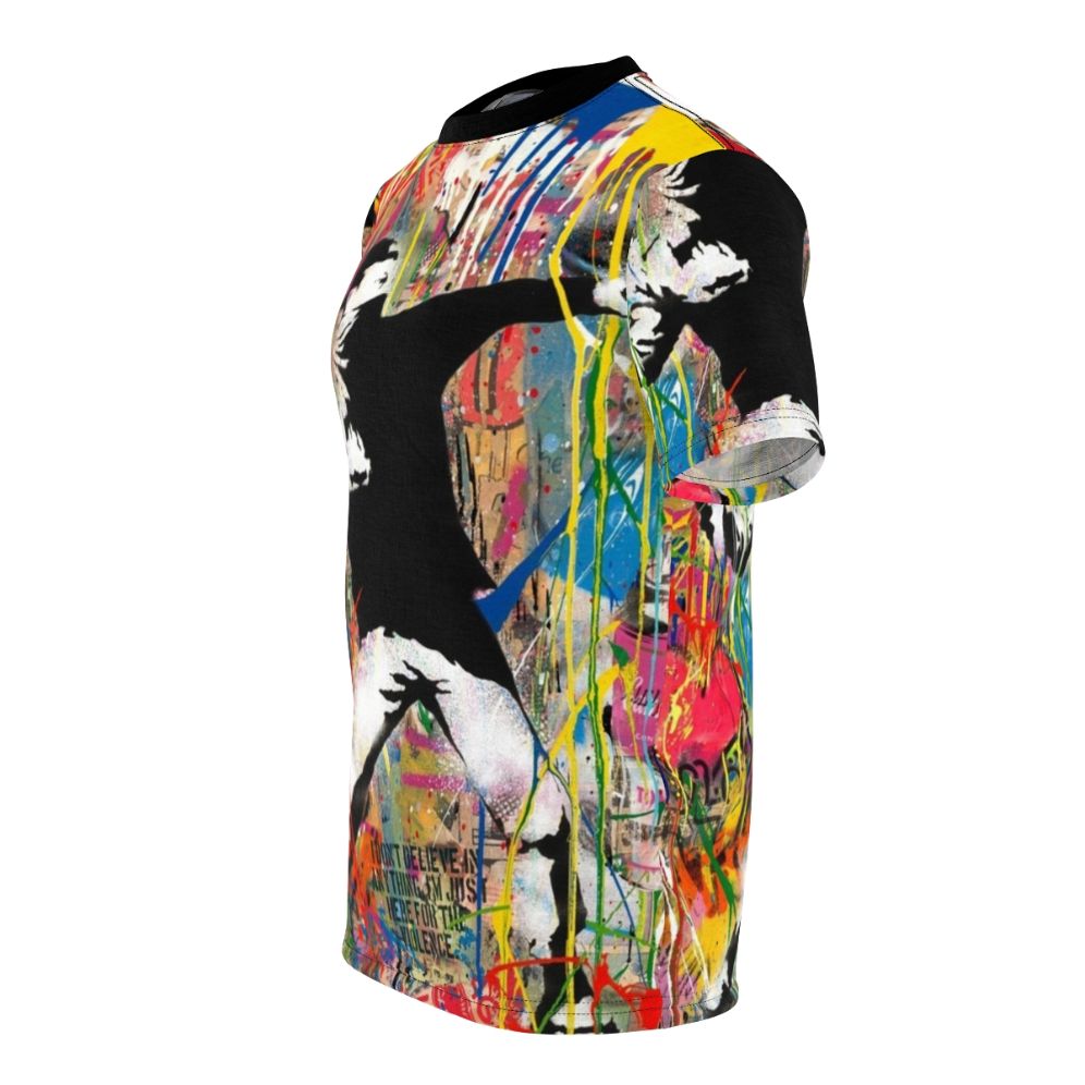 Colorful Banksy-inspired pop art design on a t-shirt - men left