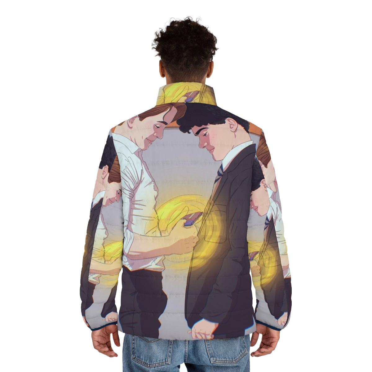 Heartstopper Charlie and Nick themed puffer jacket with LGBTQ+ pride design - men back