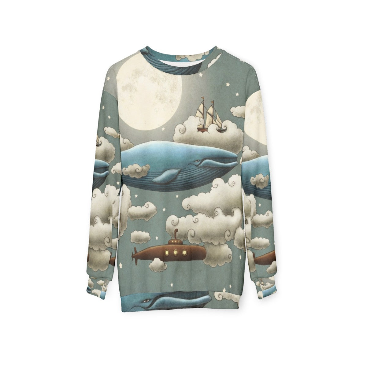 Ocean meets sky whimsical sweatshirt featuring a surreal digital illustration of nature, whales, and tall ships - hanging