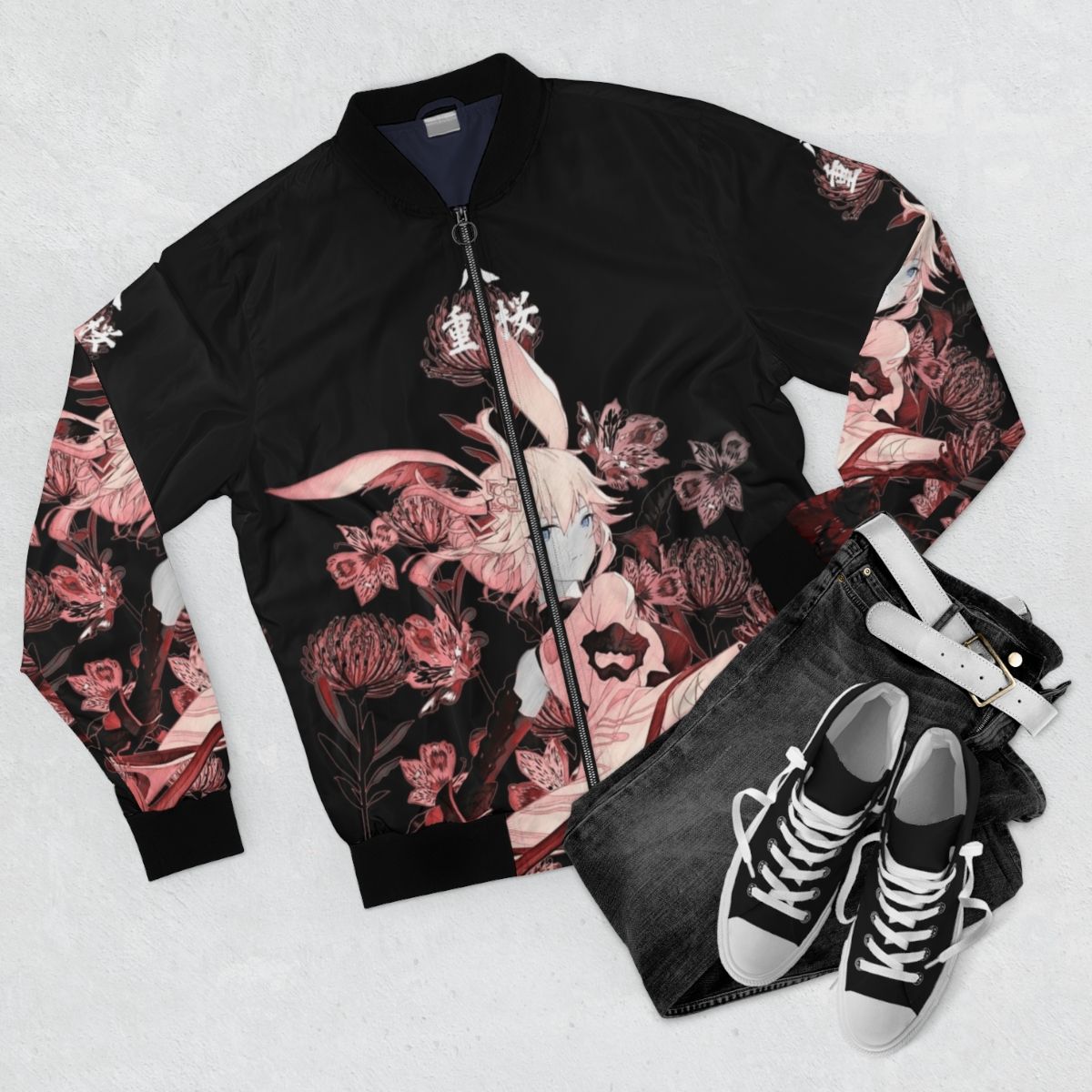 Yae Sakura inspired samurai bomber jacket with higanbana flowers and Japanese hieroglyphs - Flat lay