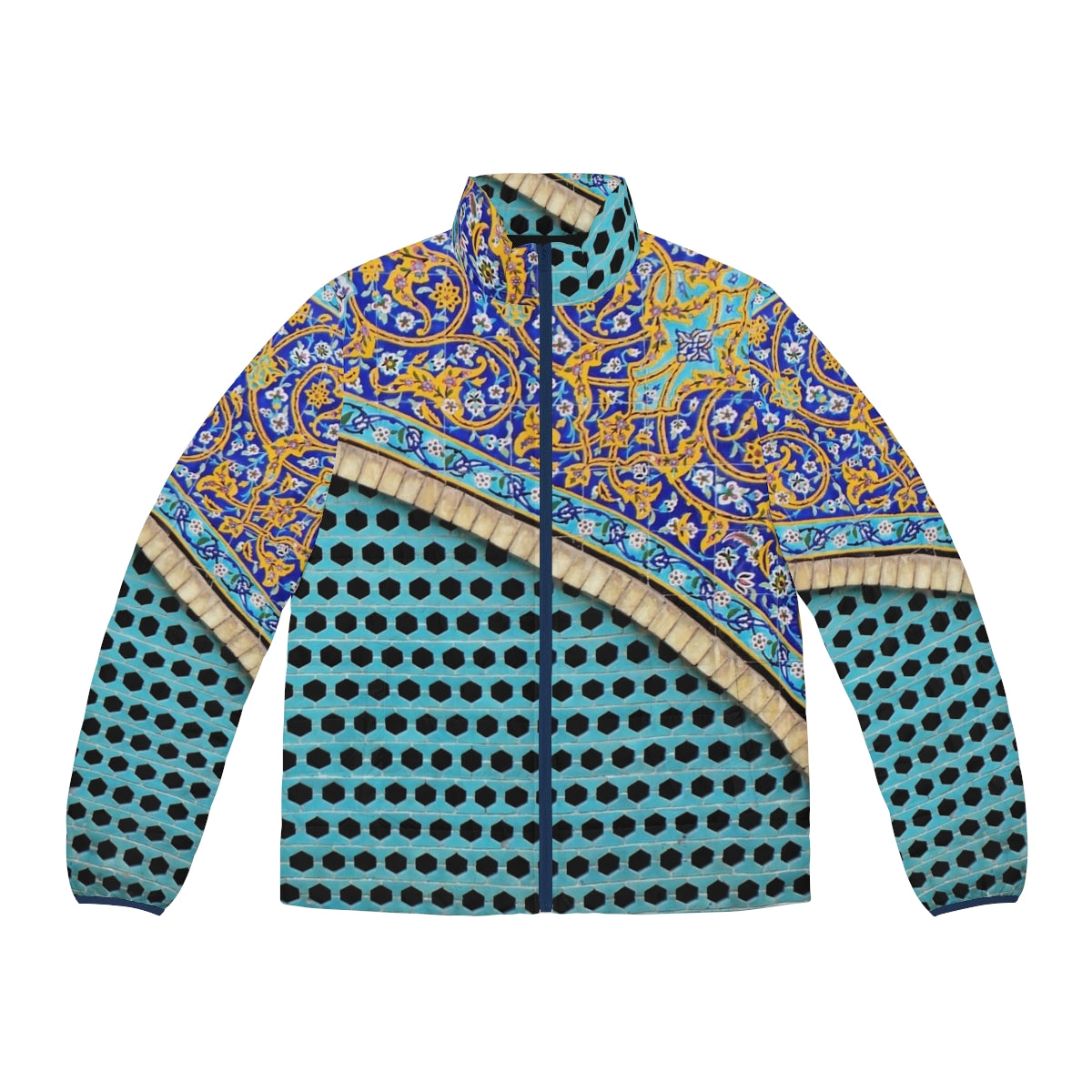 Persian tiles puffer jacket with mosaic pattern and arch design