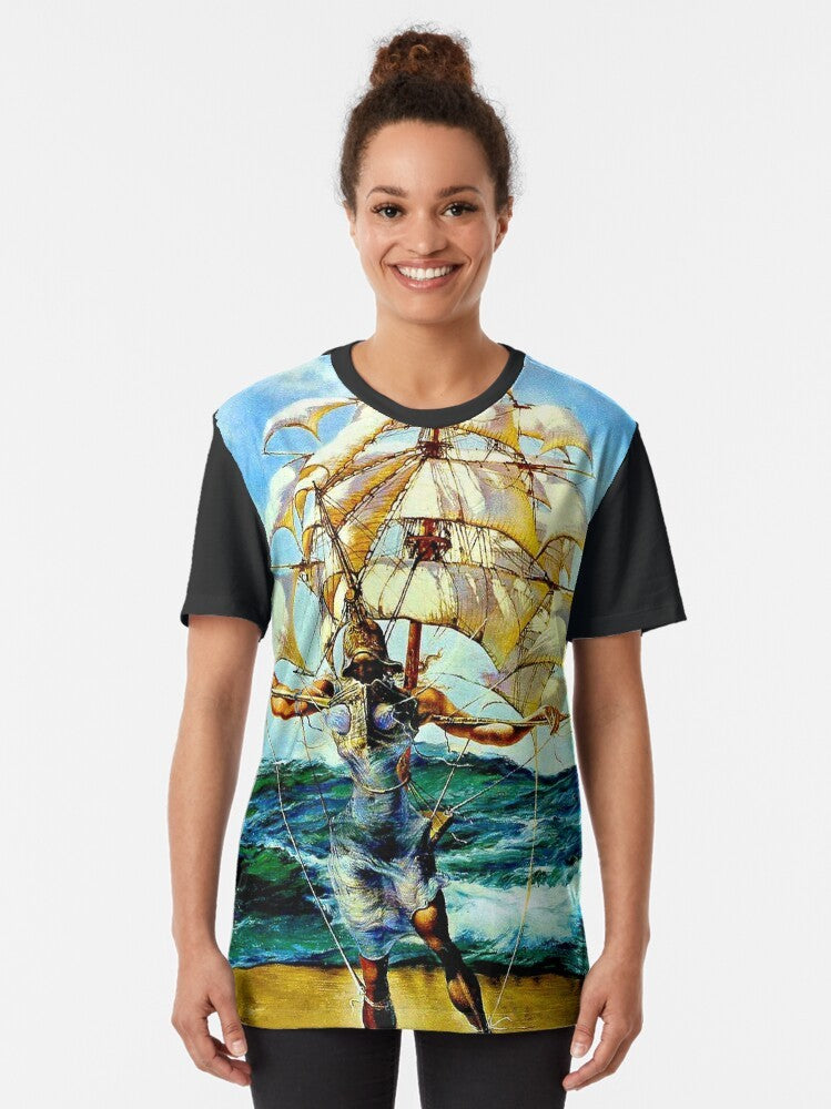 Vintage abstract fantasy painting print of "The Ship" on a graphic t-shirt - Women