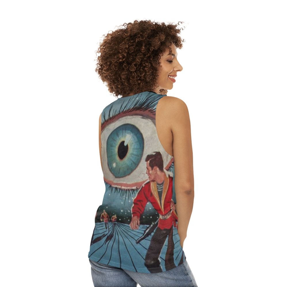 Unisex sci-fi tank top with Eye in the Sky Kindred Ubiquity design - women back